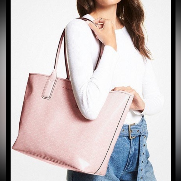 NWT Michael Kors Jodie Large Logo Jacquard Shopper Tote Bag In Powder Blush - Picture 2 of 12